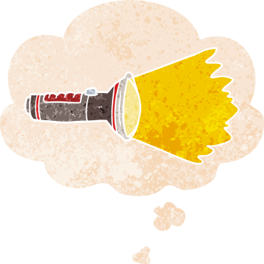 Düşünce baloncuklu çizgi film elektrikli meşale grunge sıkıntılı retro dokuma tarzı bir insan tarafından çizilmiş