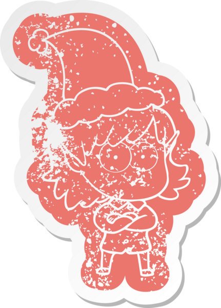 Bir insan tarafından çizilmiş Noel Baba şapkası takan elf bir kızın garip bir karikatürü.