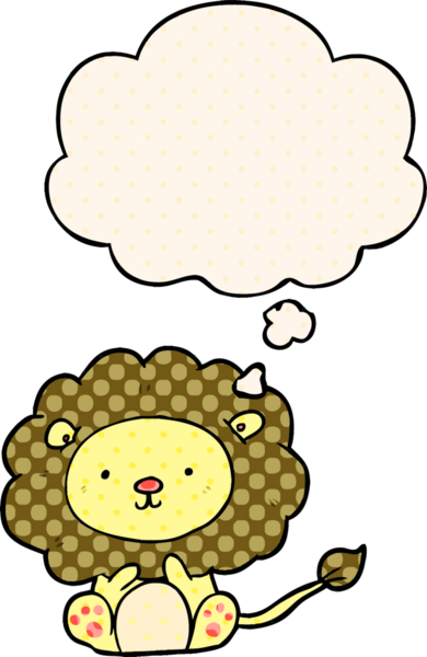 Çizgi roman tarzında düşünce balonu olan çizgi film aslanı bir insan tarafından çizilmiş.