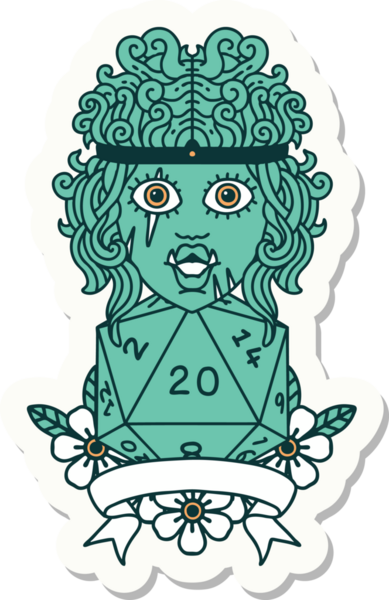 Bir insan tarafından çizilmiş doğal 20 zarlı yarı ork barbar bir karakterin çıkartması.