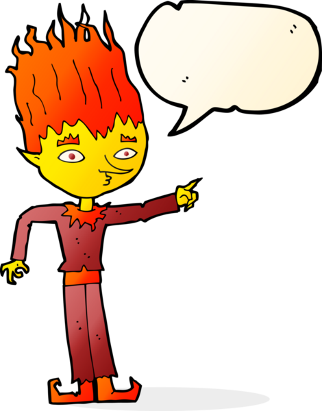 Bir insan tarafından çizilmiş konuşma balonlu ateş ruhu karikatürü.