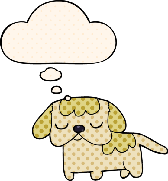 Bir insan tarafından çizilmiş çizgi roman tarzı düşünce baloncuğu olan şirin bir köpek yavrusu.