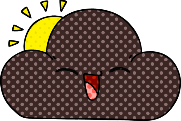 Çizgi roman tarzı garip bir çizgi film güneşi ve bir insan tarafından çizilmiş mutlu fırtına bulutu.