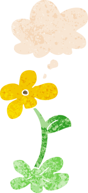 Düşünce baloncuğu ve grunge desenli karikatür çiçeği bir insan tarafından çizilmiş.