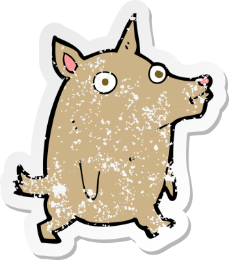 Bir insan tarafından çizilmiş komik, küçük bir köpeğin gerilmiş çıkartması.