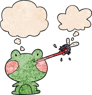 Çizgi film kurbağası sineği yakalayarak bir insan tarafından çizilen grunge desenli düşünce baloncuğuyla uçar.