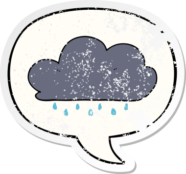 Konuşma baloncuğu olan karikatür yağmur bulutu bir insan tarafından çizilmiş sıkıntılı eski bir çıkartma