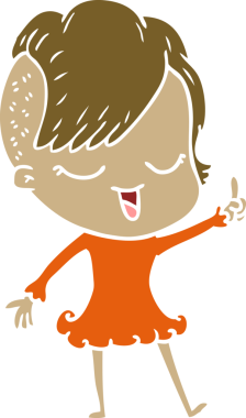 Bir insan tarafından çizilmiş mutlu düz renkli çizgi film kızı.