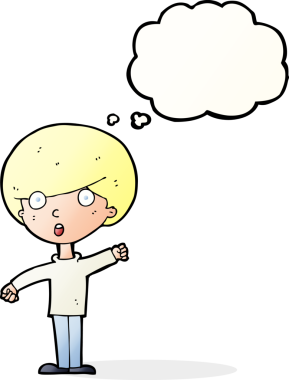 Bir insan tarafından çizilmiş düşünce balonuyla şok olmuş bir çocuk.