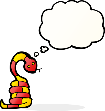 Bir insan tarafından çizilmiş düşünce baloncuklu çizgi film yılanı.