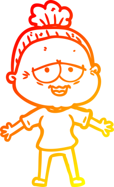 Bir insan tarafından çizilmiş mutlu, yaşlı bir kadının sıcak çizgi çizimi.