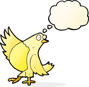 Bir insan tarafından çizilmiş düşünce baloncuklu dans eden kuş.