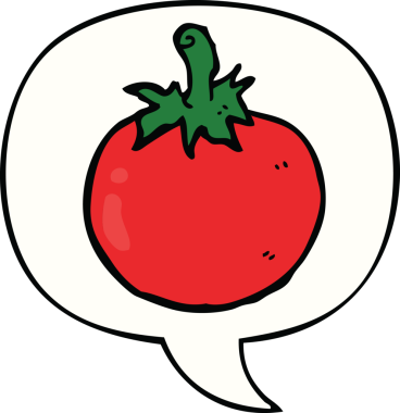 Bir insan tarafından çizilmiş konuşma baloncuklu domates.
