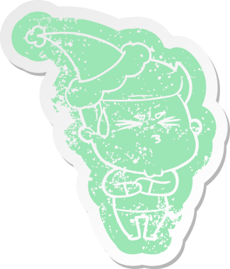 Hüsrana uğramış, Noel Baba şapkası takan, bir insan tarafından çizilmiş tuhaf bir karikatür.