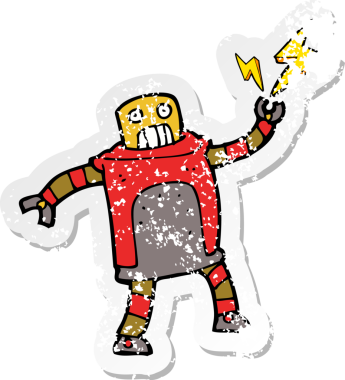 Bir insan tarafından çizilmiş karikatür robotunun gerilmiş yapıştırması.