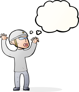 Bir insan tarafından çizilen düşünce baloncuğuyla panikleyen bir güvenlik görevlisi.