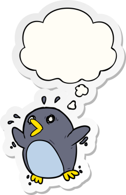 İnsan tarafından çizilmiş bir çıkartma gibi düşünce baloncuğu olan karikatür korkmuş penguen.