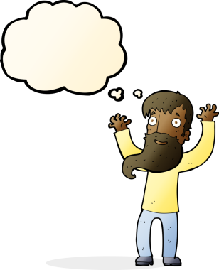 Bir insan tarafından çizilmiş düşünce balonlu sakallı heyecanlı bir adam.