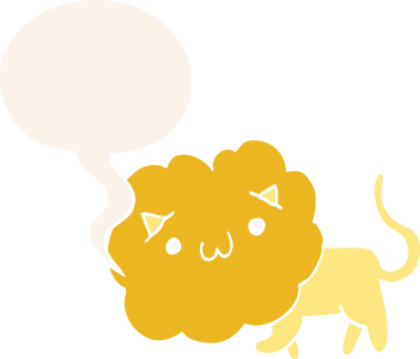 Bir insan tarafından çizilmiş konuşma baloncuğu olan sevimli çizgi film aslanı.