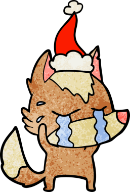 Ağlayan bir kurdun insan tarafından çizilmiş Noel Baba şapkası taktığı el çizimi bir çizgi film.