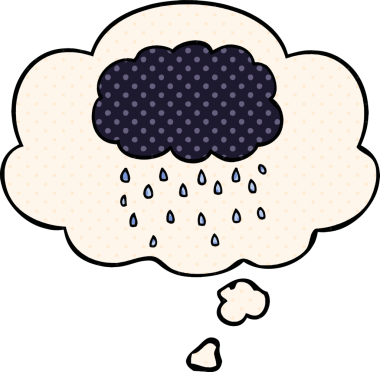 Çizgi roman tarzında bir insan tarafından çizilmiş düşünce balonuyla yağmur yağıyor.