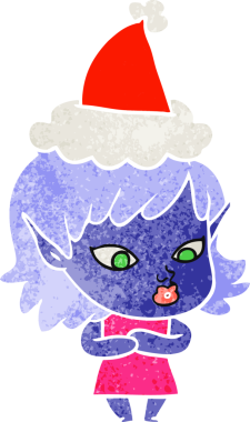 Bir insan tarafından çizilmiş Noel Baba şapkası takan elf bir kızın güzel el çizimi karikatürü