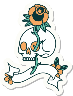 Bir insan tarafından çizilmiş kafatası ve gül şeklinde dövme stili.