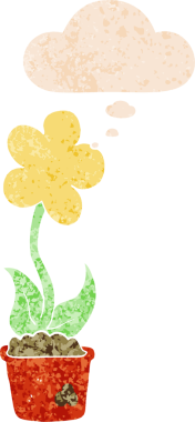 Düşünce baloncuğu ve grunge ile sevimli karikatür çiçek bir insan tarafından çizilmiş sıkıntılı retro doku