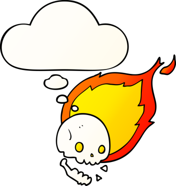 Bir insan tarafından çizilmiş yumuşak eğimli düşünce baloncuğu ile yanan bir kafatası.