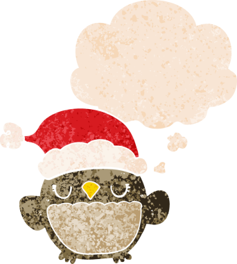 Sevimli noel baykuşu. Düşünce baloncuğu, grunge 'da sıkıntılı retro stili bir insan tarafından çizilmiş.