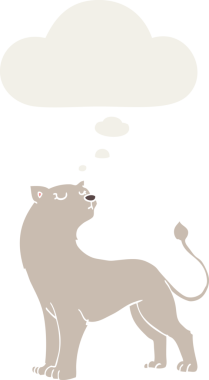 Bir insan tarafından çizilmiş düşünce baloncuklu çizgi film dişi aslanı.