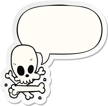 Bir insan tarafından çizilmiş konuşma balonu çıkartmalı kafatası ve kemikler.