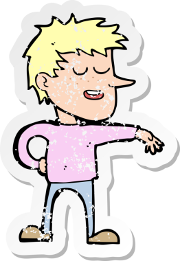 Bir insan tarafından çizilmiş saygısız bir jest yapan karikatürist bir adamın gerilimli çıkartması.