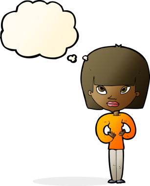 Bir insan tarafından çizilmiş düşünce baloncuğuyla kendine jest yapan karikatür kadın.