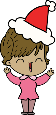 Bir insan tarafından çizilmiş Noel Baba şapkası takan gülen bir kadının el çizimi.