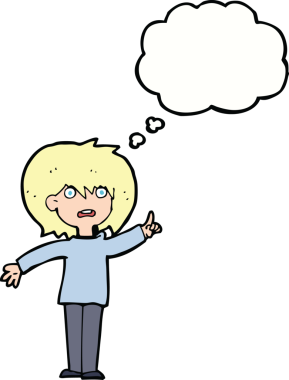 Çizgi filmdeki kadın bir insan tarafından çizilmiş düşünce balonuyla soru soruyor.