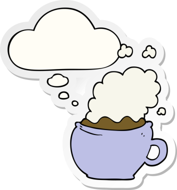 Düşünce baloncuklu sıcak kahve fincanı insan tarafından çizilmiş bir çıkartma.