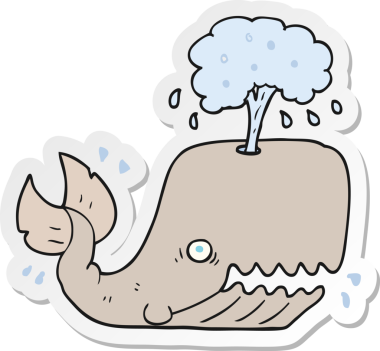 Bir insan tarafından çizilmiş su püskürten bir karikatür balinasının etiketi.