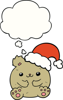 Bir insan tarafından çizilmiş düşünce baloncuğu olan şirin bir çizgi film Noel ayısı.