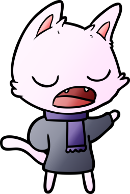 Konuşan kedi bir insan tarafından çizilmiş kışlık giysiler giyiyor.