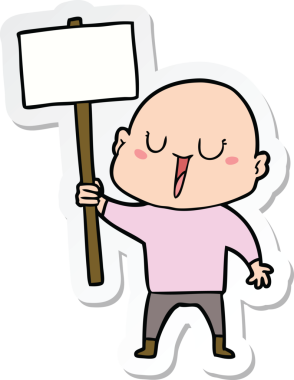 Bir insan tarafından çizilmiş imzalı mutlu, kel bir adamın çıkartması.