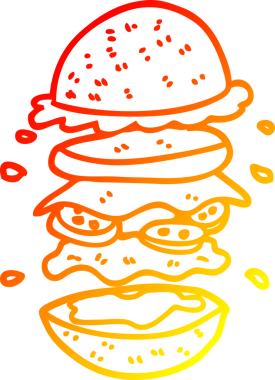 Bir çizgi filmin sıcak gradyan çizimi. Bir insan tarafından çizilmiş dev bir hamburger.