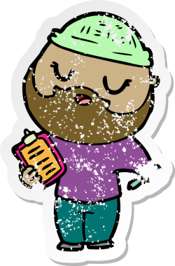 Bir insan tarafından çizilmiş sakallı bir çizgi film karakterinin sıkıntılı çıkartması.