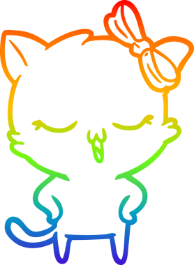 Gökkuşağı gradyan çizgi çizimi bir çizgi film kedisinin kafasında yay ve kalçasında bir insan tarafından çizilmiş kalçalar