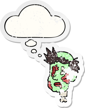 Düşünce baloncuklu çizgi film zombisi kafası bir insan tarafından çizilmiş yıpranmış bir çıkartma.