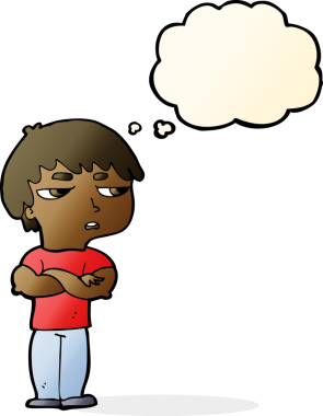 Bir insan tarafından çizilen düşünce baloncuğuyla sinirlenmiş bir çocuk.