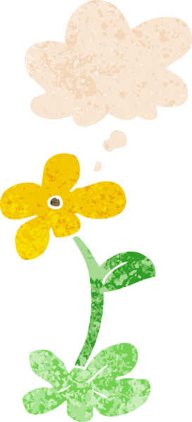 Düşünce baloncuğu ve grunge desenli karikatür çiçeği bir insan tarafından çizilmiş.