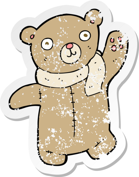 Bir insan tarafından çizilmiş sevimli bir oyuncak ayının gerilimli retro çıkartması.