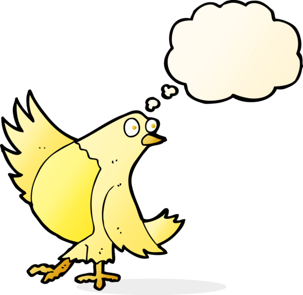 Bir insan tarafından çizilmiş düşünce baloncuklu dans eden kuş.