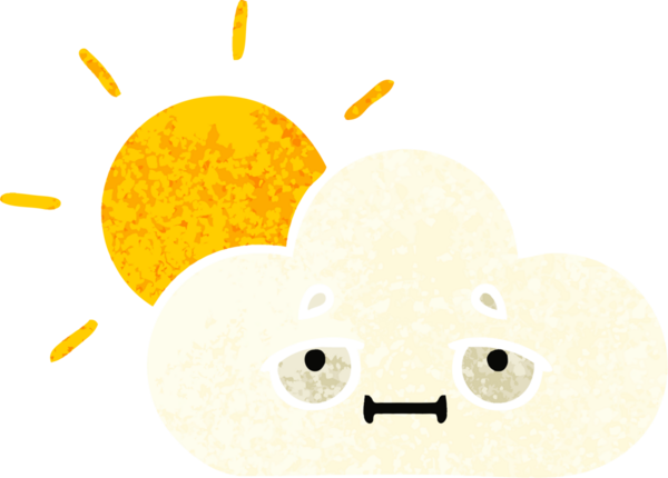Bir insan tarafından çizilmiş güneş ışığı ve bulutun retro çizim tarzı karikatürü